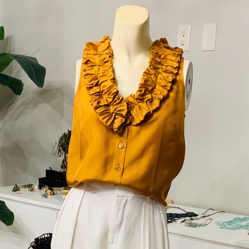 J. Crew SILK golden ruffle trim sleeveless blouse